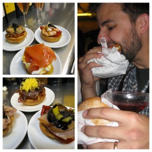 Delicious noms at Quimet y Quimet (top and bottom left); me stuffing my face at La Champaneria (right)