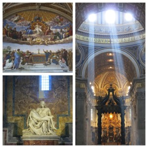 One of Raphael's most famous frescos, "School of Athens," featuring Plato, Aristotle and playfully, Michelangelo (top left); Michelangelo's marble sculpture, Pietà (bottom left); The nave of St. Peter's Basilica near sunset (right) 