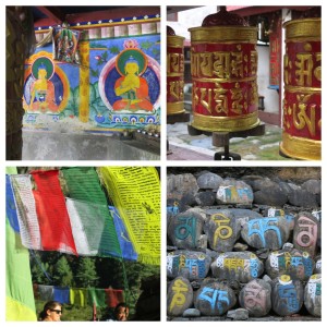 Other Buddhist symbols. Most common (bottom left) are the bright colored prayer flags strewn everywhere... between buildings, across rivers and through trees.