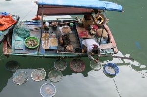 An example of one of the floating fish markets. They sell to the boats that cruise the bay.