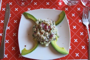 Second course -- ceviche with freshly cut amazing local avocados.
