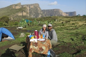 Enjoying our last breakfast as the sun broke over our campsite the final day.