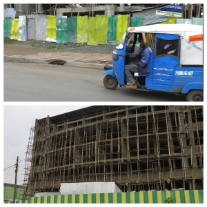 Passing a tuk-tuk on the highway (top) and a building construction site with bamboo for scaffolding (bottom).