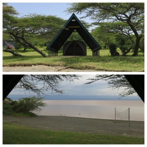 Our tent -- view from the beach (top) and view of the beach (bottom).