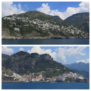 Views of Praiano (top) and Amalfi (bottom) from the ferry.