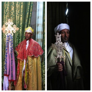 Priests in two of the churches holding the bronze crosses.