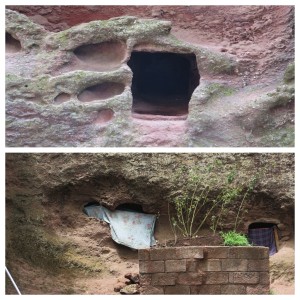 A hole once used as a tomb in the walls beside the church (top), pilgrims taking residence in the former tombs for prayer and meditation...no thanks (bottom)