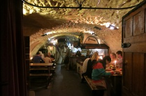Entering a cave that doubles as a delicious Czech restaurant.