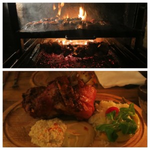 Our pork knuckle being prepped over open flames about 5 feet from our table (top) and the finished product at our table (bottom).