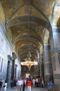 Marble-lined walls and fresco-covered ceilings inside the Hagia Sophia.