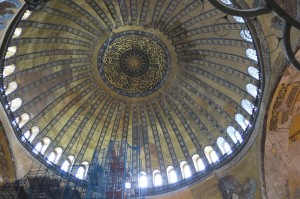 The "floating" dome shining light from above in the Hagia Sophia.