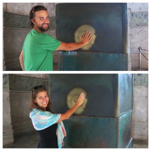 Rubbing the Sweating Column (or Wishing Column, depending on who you ask) for good luck. Rumor has it that hundreds of years ago this particular column had healing powers. So why not?