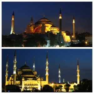 Hagia Sophia (top) and Blue Mosque (bottom) lit up in all their glory at night.