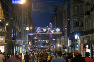 Istiklal Caddesi at night (EDITOR’S NOTE: With TWINKLY LIGHTS! YAY!)