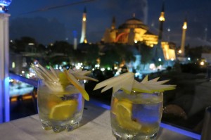 Overlooking the Hagia Sophia while sipping gin martinis topped with what seems to be a full pear. 