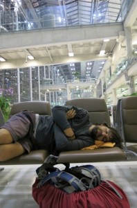 Catching a couple Z's before  our shuttle between Thailand airports.