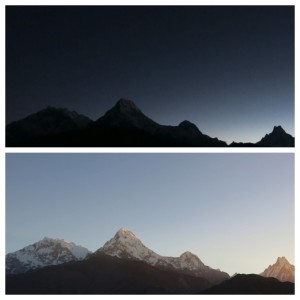 A shot of Annapurna 1 (left), Fishtail (far right) and two other peaks just before and just after sunrise.
