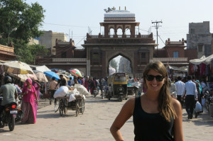 Noelle with the entrance to the market in the background.