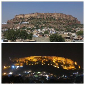 Mehrangarh Fort by day and by night.