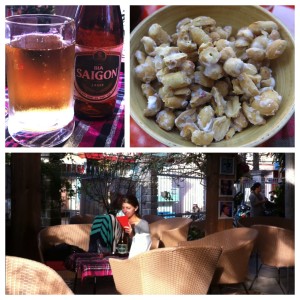 A lazy afternoon spent blogging and reading at Cafe 13 with some Saigon beer and the complimentary sugar-coated peanuts.