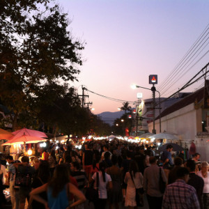 Crowds building as the sun began to set on the Sunday Market Walking Street.