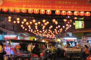 Lantern-laden Chinatown by night.