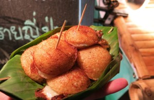 And Dave's new favorite obsession: Ka-Nom-Krok – a Thai dessert made from flour, coconut milk, sugar, and salt, topped with sliced spring onion and packaged in a banana leaf. The nonsense above aside, it was basically a deep fried pudding bite.