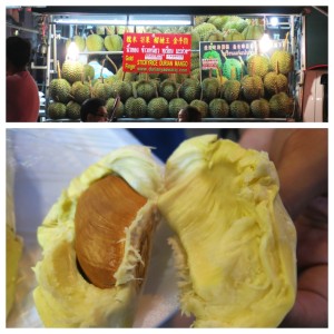 Cart full of durian fruit with the fleshy fruit shown closer up below. This stuff is notorious for it's extremely strong smells (that many dislike). We didn't mind the smell as much as others did, but I definitely wan't a huge fan of the taste.