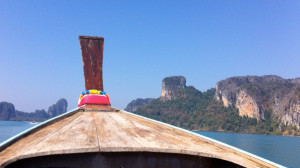 On our ride to Railay, with the limestone karsts in the distance.