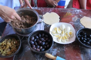 Ingredients for our empanadas -- hardboiled egg, beef and olives.
