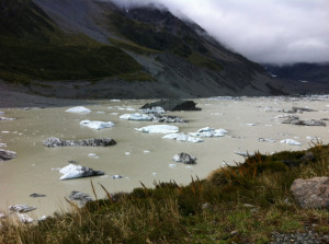 Glacial waters at the end of the valley with a few chunks of the Hooker Glacier floating around.